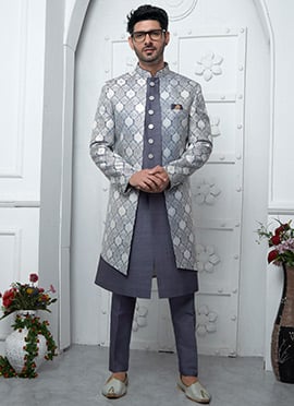 Charming Grey Jacquard Silk Indowestern Sherwani