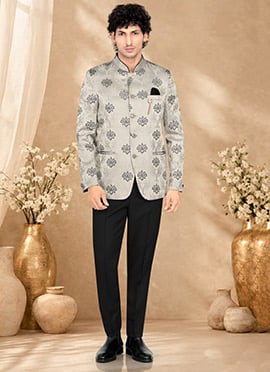 Charming Grey Rayon Embroidered Bandhgala Suit