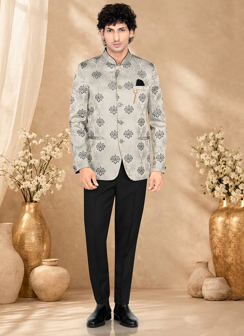 Charming Grey Rayon Embroidered Bandhgala Suit Wedding Wear