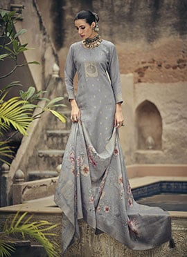 Charming Grey Silk Cotton Woven Designer Digital Printed Straight Pant Suit