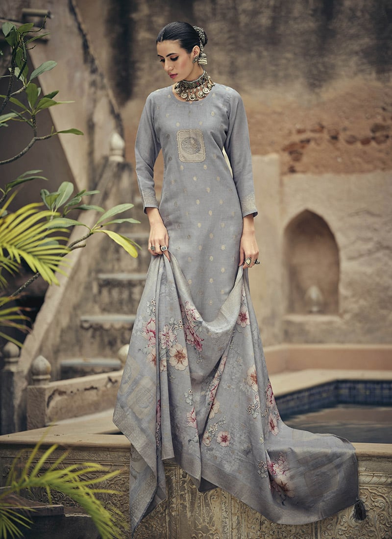Charming Grey Silk Cotton Woven Designer Digital Printed Straight Pant Suit After Six Wear