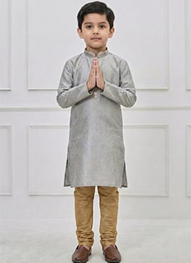 Charming Grey Silk Zari Thread Kids Boys Kurta Pyjama
