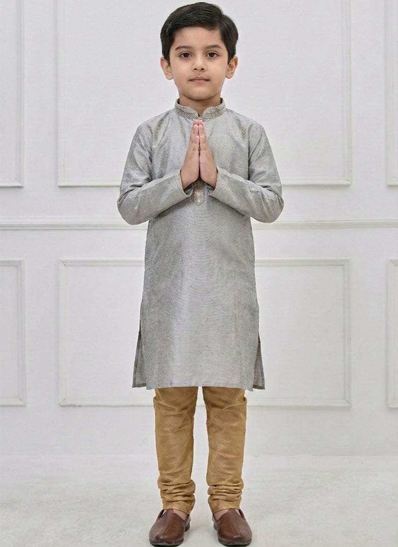 Charming Grey Silk Zari Thread Kids Boys Kurta Pyjama Festive Wear