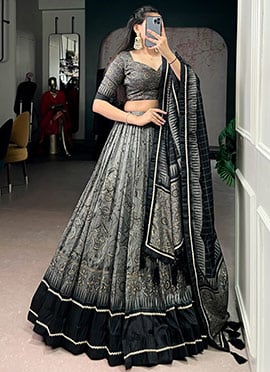 Charming Grey Tussar Silk Kalamkari Print With Lace Border Umbrella Lehenga