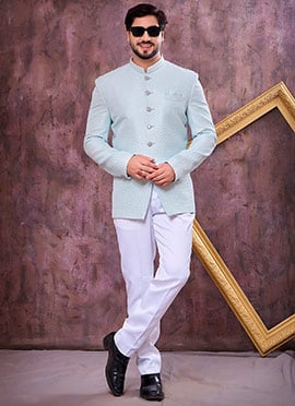 Charming Ice Blue Art Silk Thread Embroidered Bandhgala Jacket