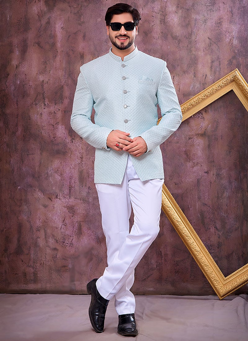 Charming Ice Blue Art Silk Thread Embroidered Bandhgala Jacket