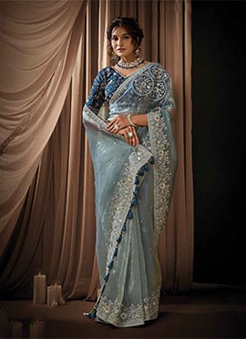 Charming Ice Grey Zari Organza Satin Sequins Beads Hand Embroidered Stones Saree
