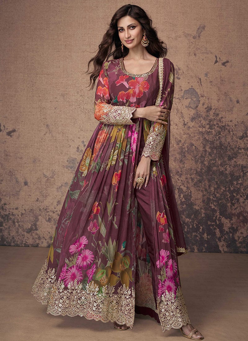 Charming In Wine Georgette Printed Embroidered Sequins Anarkali Suit Festive Wear