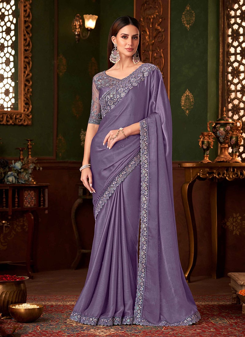 Charming Lavender Chiffon Silk Zari Embroidered Sequins Saree Wedding Wear