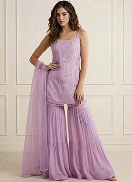 Charming Lavender Faux Georgette Embroidered Sharara Suit