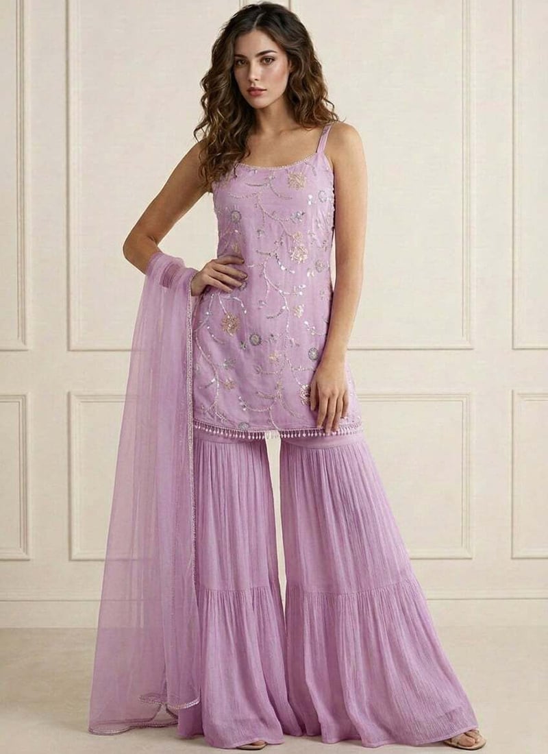Charming Lavender Faux Georgette Embroidered Sharara Suit Festive Wear