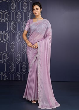 Charming Lavender Faux Georgette Hand Embroidered Tikki Work Saree