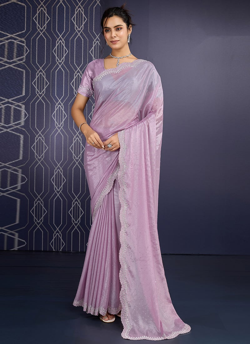 Charming Lavender Faux Georgette Hand Embroidered Tikki Work Saree After Six Wear