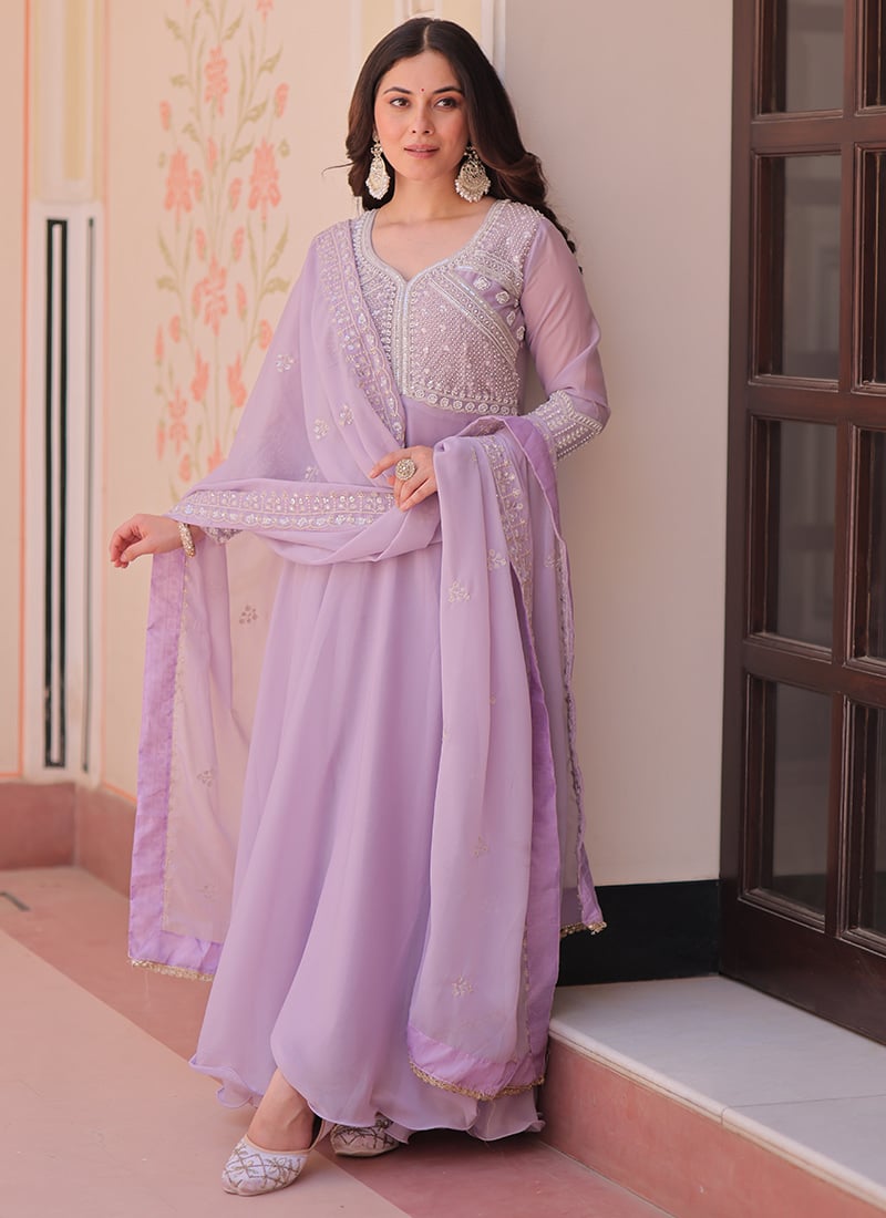 Charming Lavender Georgette Embroidered Sequins Beads Anarkali Suit Festive Wear