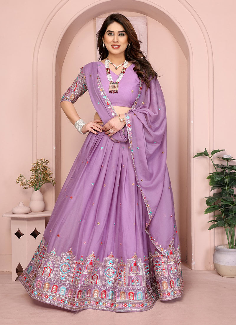 Charming Lavender Georgette Embroidery Umbrella Lehenga Festive Wear