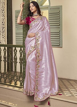 Charming Lavender Jacquard Silk Sequins Stones Hand Embroidered Thread Saree
