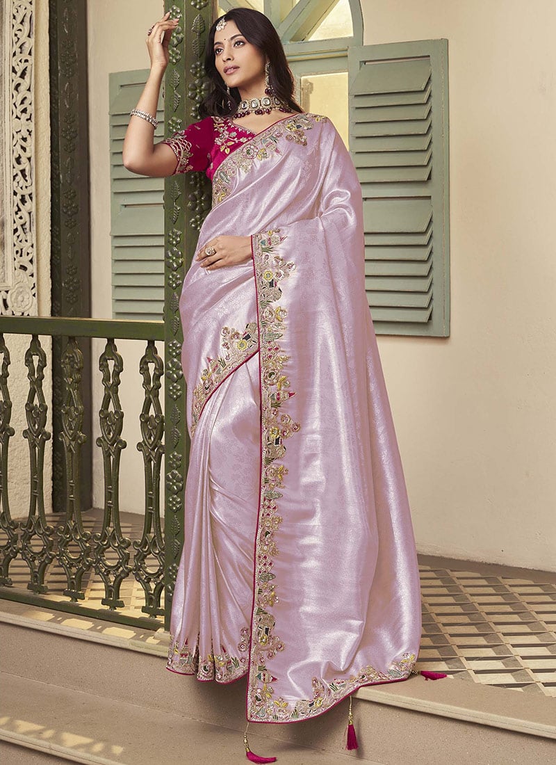 Charming Lavender Jacquard Silk Sequins Stones Hand Embroidered Thread Saree Wedding Wear