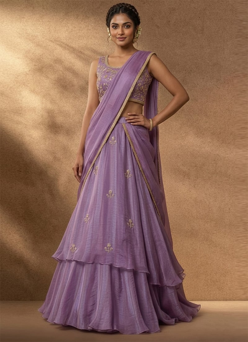 Charming Lavender Organza Sequins Hand Embroidered Umbrella Lehenga Wedding Wear