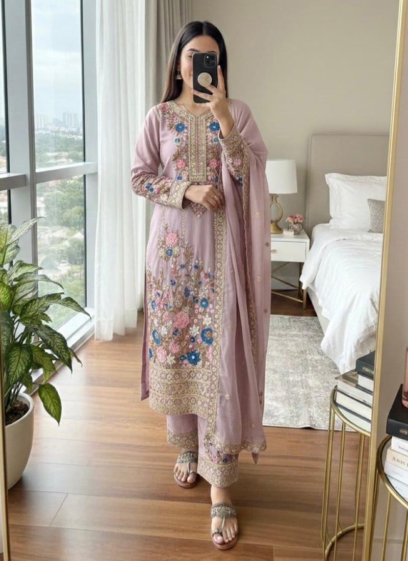 Charming Lavender Silk Embroidered Sequins Stones Thread Palazzo Suit Festive Wear