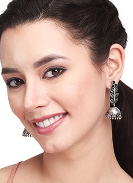 Charming Leaf Detailed Silver Oxidised Jhumka