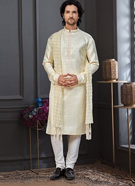 Charming Lemon Yellow Soft Banarasi Jacquard Stone Work Kurta Pyjama