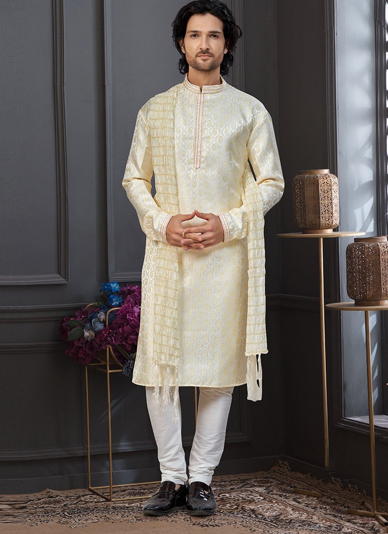 Charming Lemon Yellow Soft Banarasi Jacquard Stone Work Kurta Pyjama Festive Wear