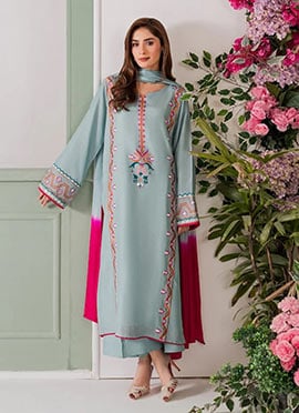 Charming Light Blue French Crepe Heavy Thread Embroidery With Mirror Work Straight Pant Suit