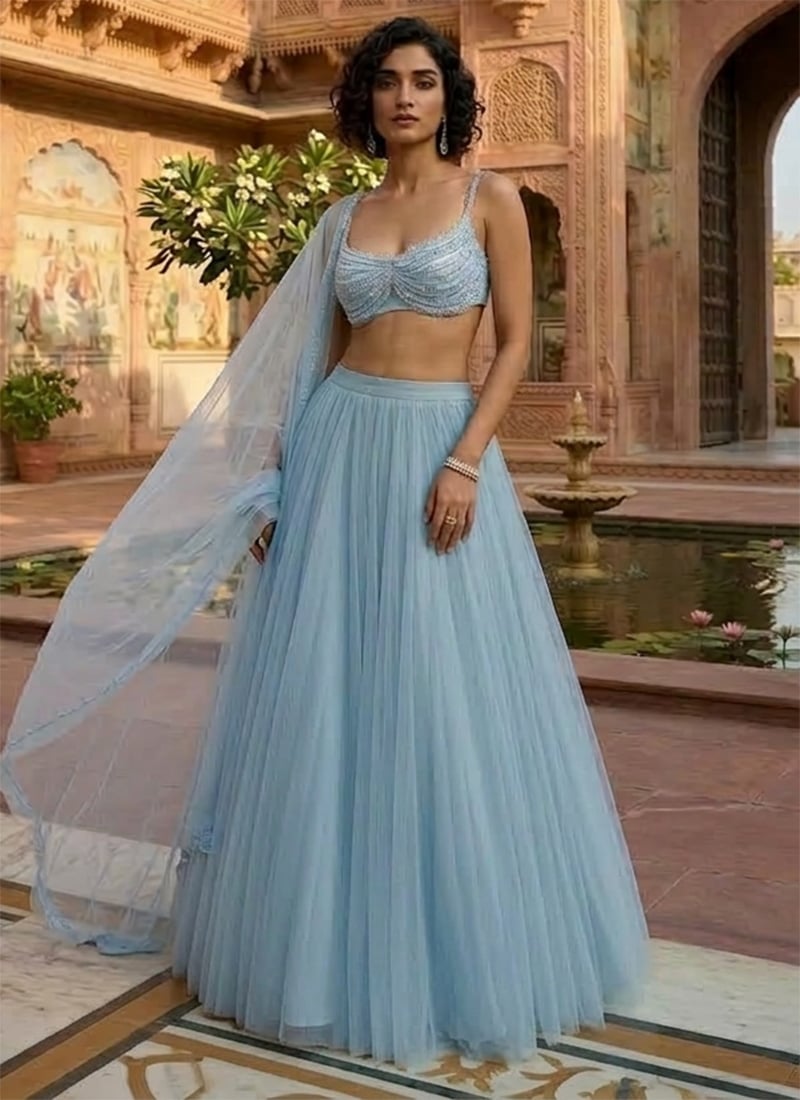 Charming Light Blue Net Beads Sequins Hand Embroidered Umbrella Lehenga Wedding Wear