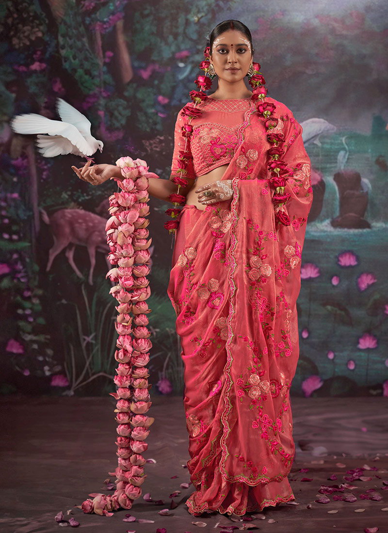 Charming Light Pink Gold Shimmer Silk Zari Embroidered Thread Saree Festive Wear