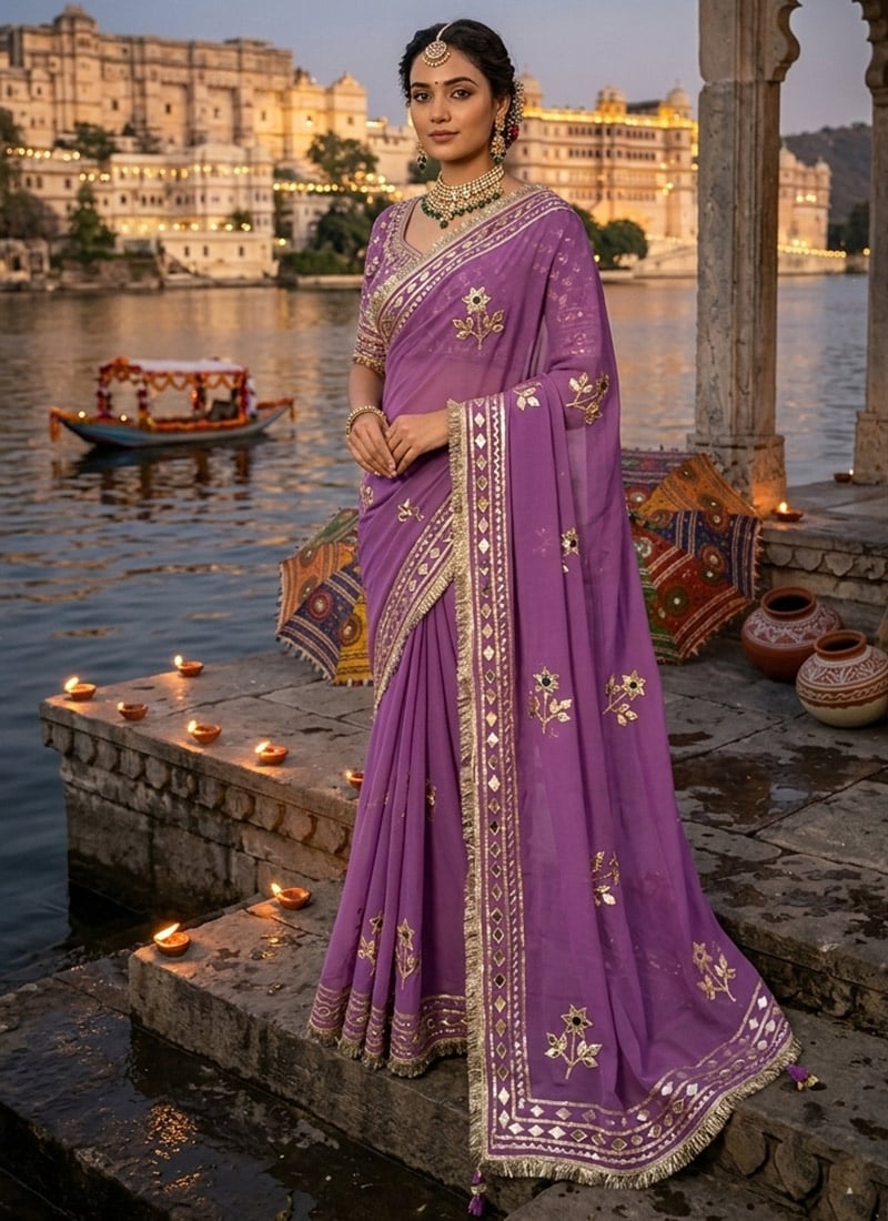 Charming Light Purple Royal Georgette Embroidered Gota Saree Festive Wear