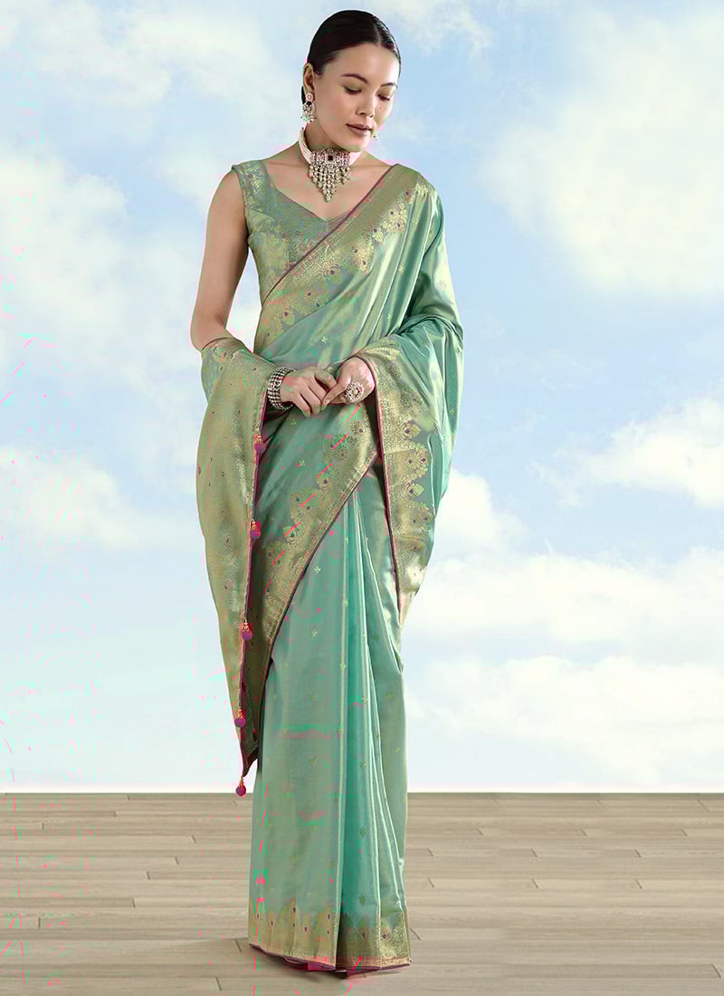 Charming Light Teal Banarasi Tissue Silk Paisley Zari Woven Saree Festive Wear