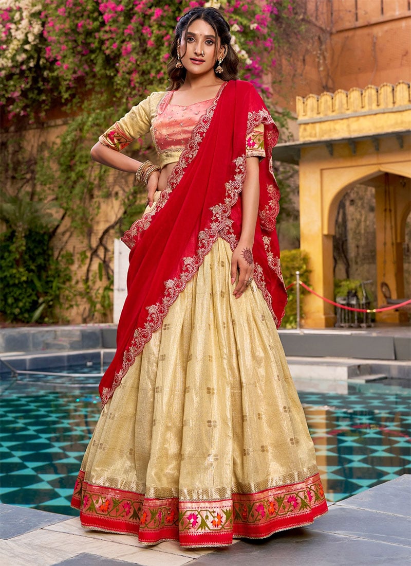 Charming Light Yellow Slub Kota Silk Zari Weaving Work With Paithani Border Fish Cut Lehenga Festive Wear