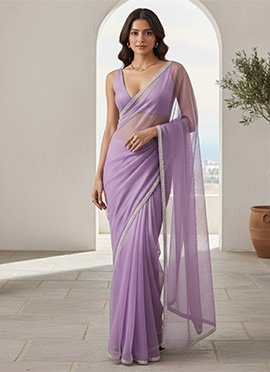 Charming Lilac Organza Ready Lace Work Saree