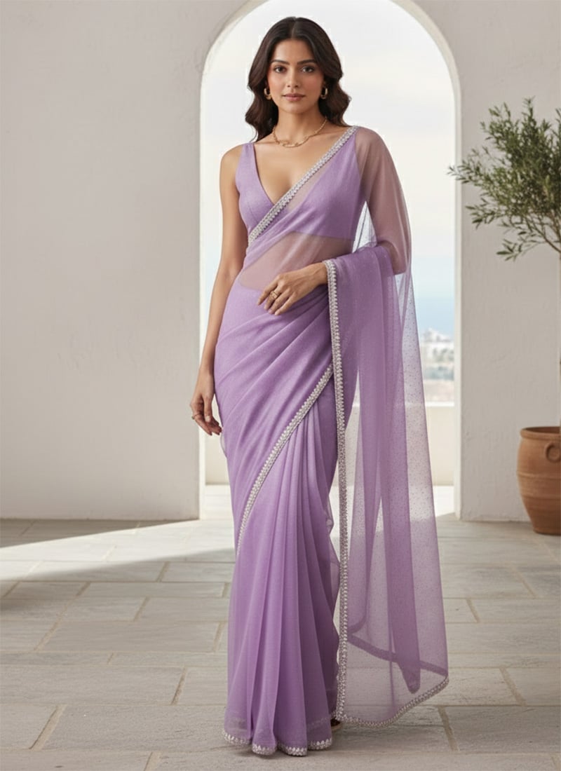 Charming Lilac Organza Ready Lace Work Saree Festive Wear