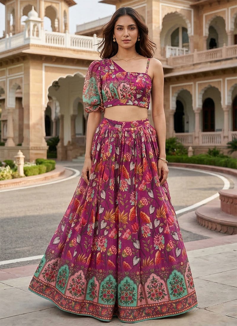 Charming Magenta Organza Silk Floral Print A Line Lehenga Festive Wear