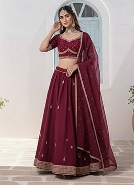 Charming Magenta Vichitra Silk Zari Sequins Hand Embroidered A Line Lehenga