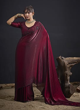 Charming Maroon Fandy Satin Silk Two Tone Sequins Tikki Work Saree