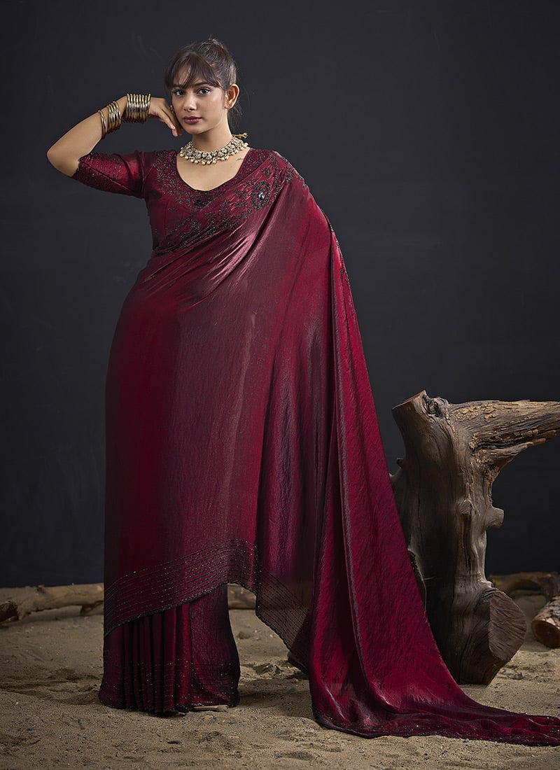 Charming Maroon Fandy Satin Silk Two Tone Sequins Tikki Work Saree After Six Wear