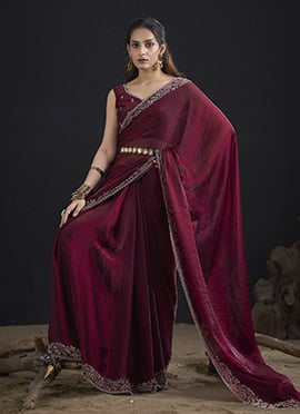 Charming Maroon Fandy Satin Silk Two Tone Tikki Work Hand Embroidery Saree