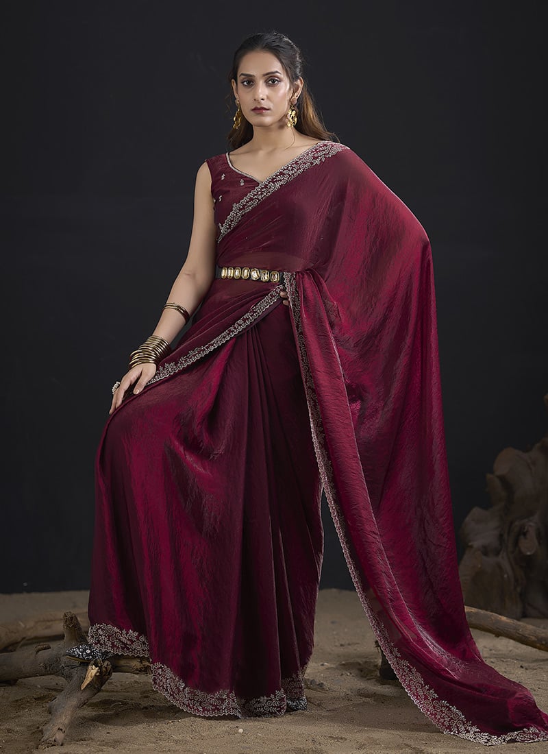 Charming Maroon Fandy Satin Silk Two Tone Tikki Work Hand Embroidery Saree After Six Wear