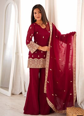 Charming Maroon Silk Embroidered Sequins Zari Palazzo Suit