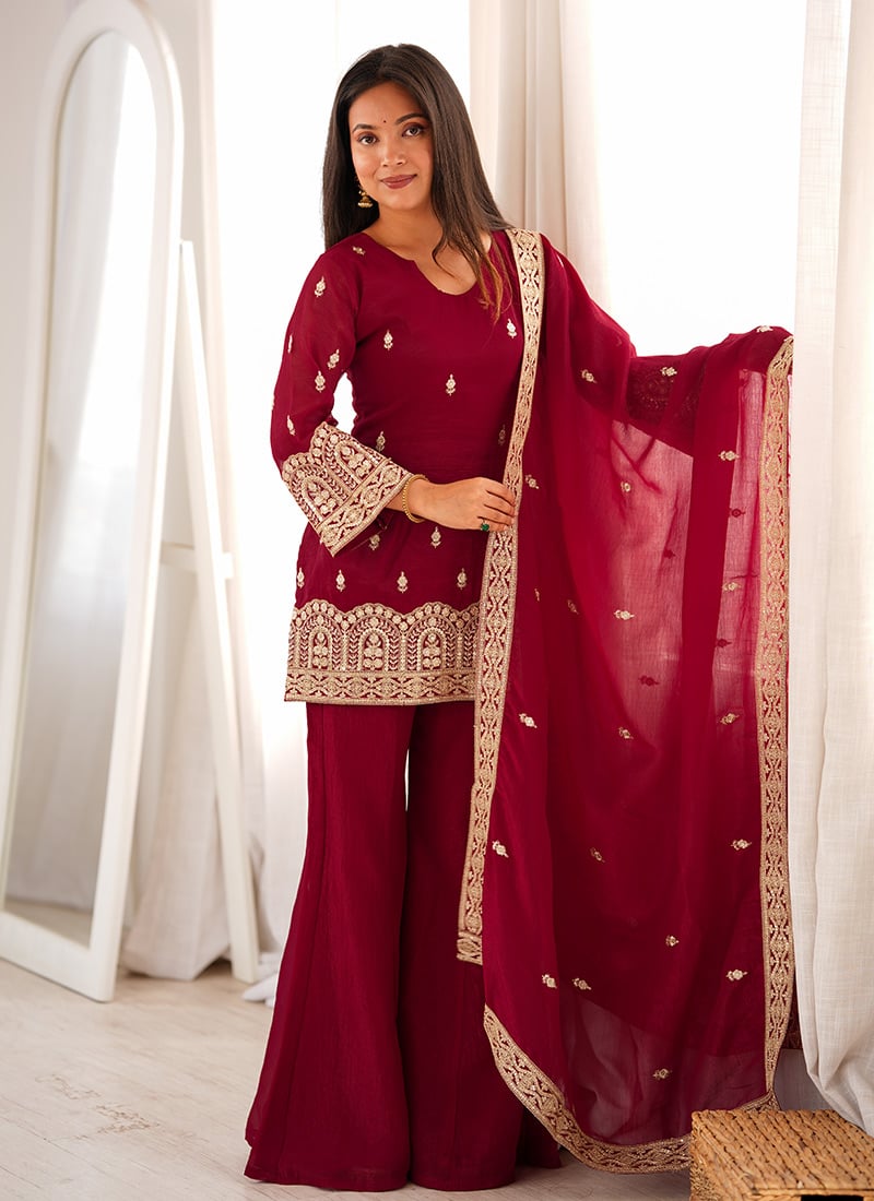 Charming Maroon Silk Embroidered Sequins Zari Palazzo Suit After Six Wear