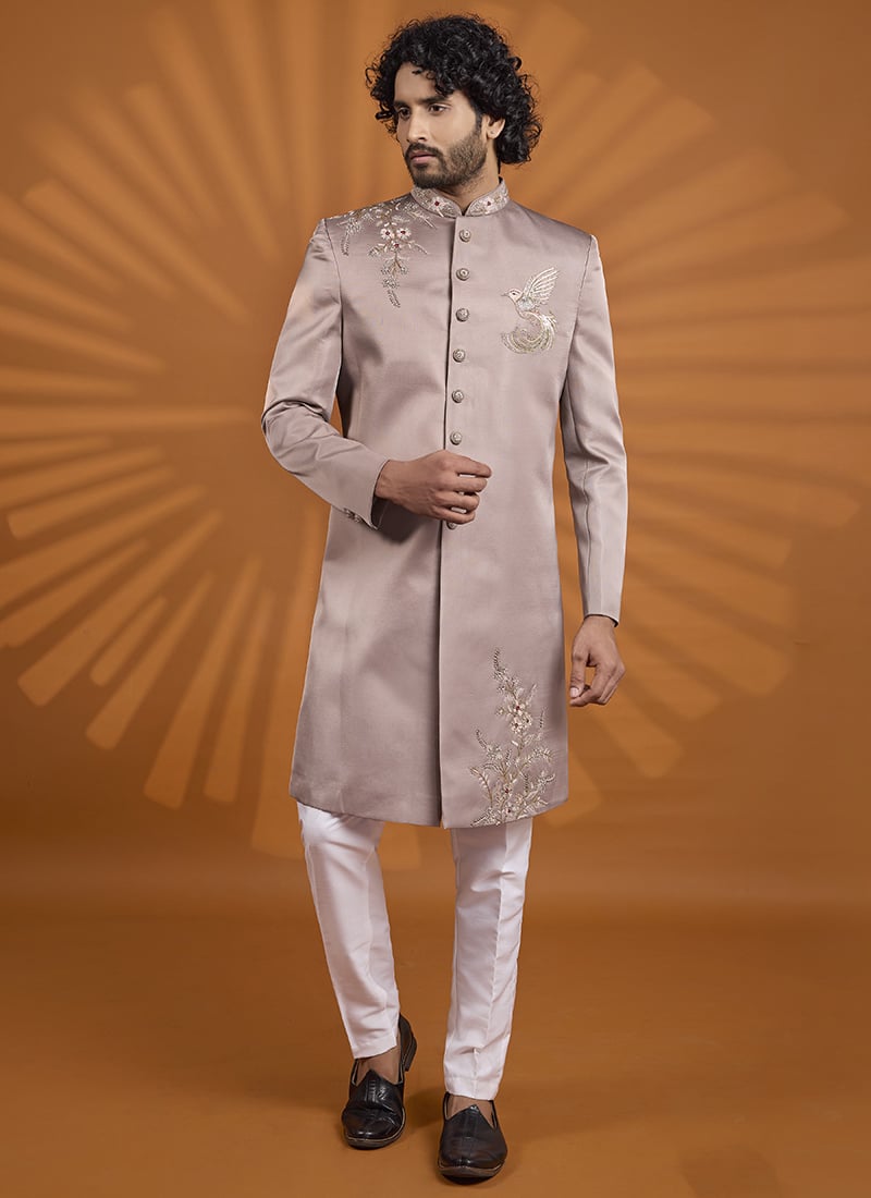 Charming Mauve Silk Embroidered Classic Sherwani Wedding Wear
