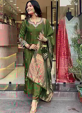 Charming Mehendi Green Cotton Embroidered Straight Pant Suit