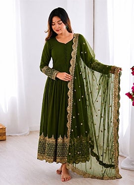 Charming Mehendi Green Faux Georgette Embroidered Sequins Anarkali Suit