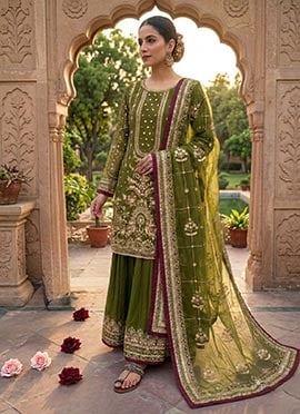 Charming Mehendi Green Faux Georgette Embroidered Sequins Moti Palazzo Suit