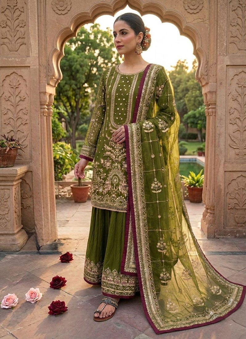 Charming Mehendi Green Faux Georgette Embroidered Sequins Moti Palazzo Suit Festive Wear