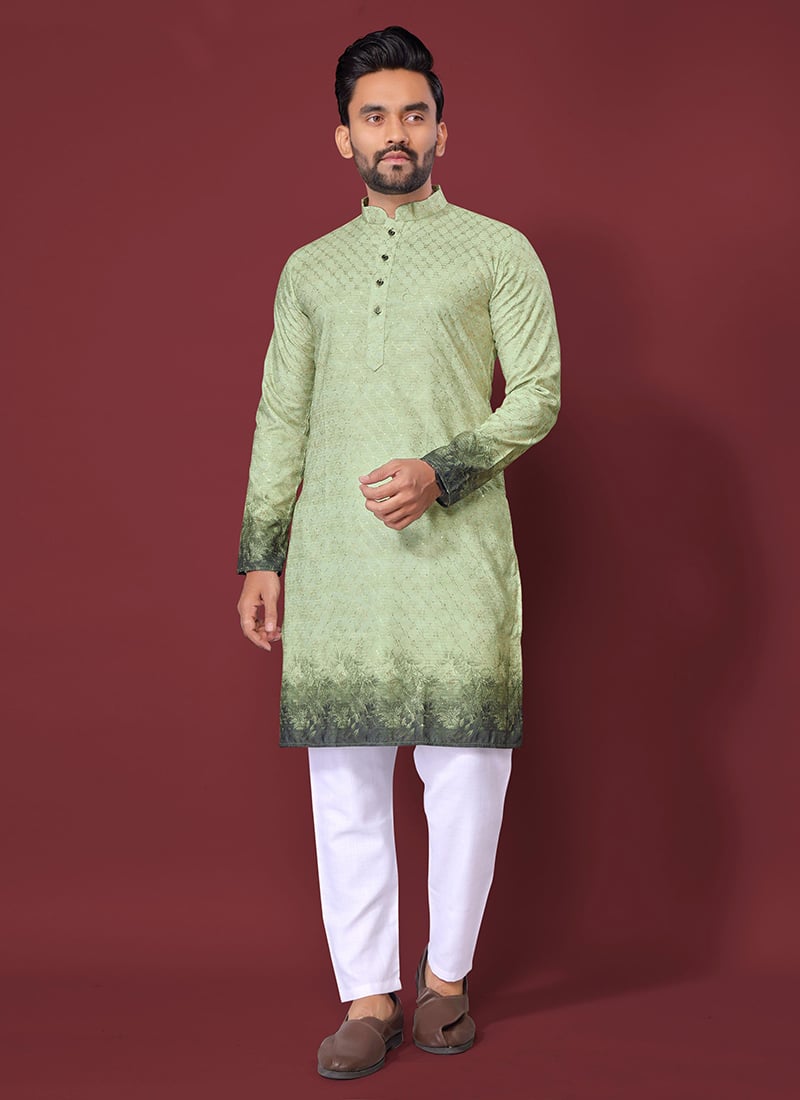 Charming Mint Green Cotton Rayon Embroidered Sequins Kurta Pyjama Festive Wear