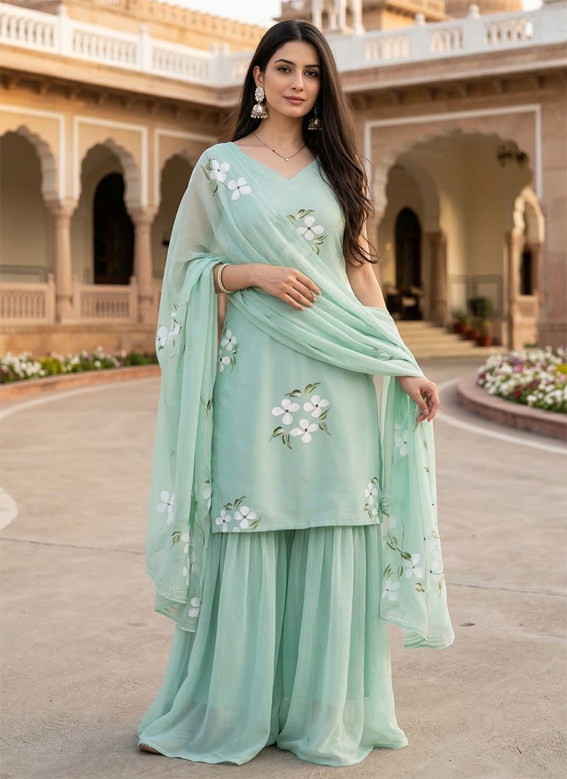 Charming Mint Green Georgette Hand Painted Sharara Suit After Six Wear