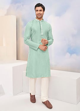 Charming Mint Green Silk Thread and Sequins Kurta Pyjama